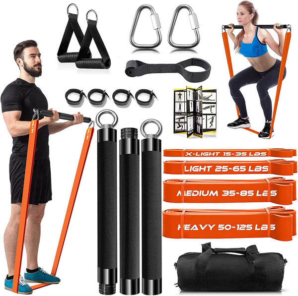 Resistance Band Bar Set Portable Full Body 500LBS Extra Heavy Home Gym with 4 Levels Resistance Bands, 2 in 1 Adjustable Bar and Gym Bag