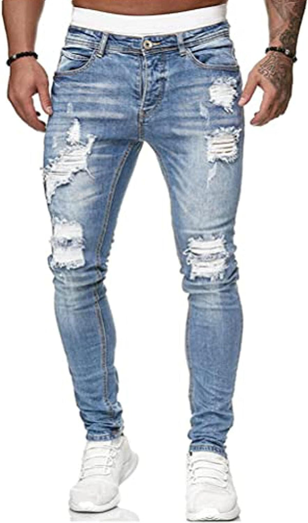 Men'S Blue Slim Fit Jeans Stretch Destroyed Ripped Skinny Jeans Side Striped Denim Pants