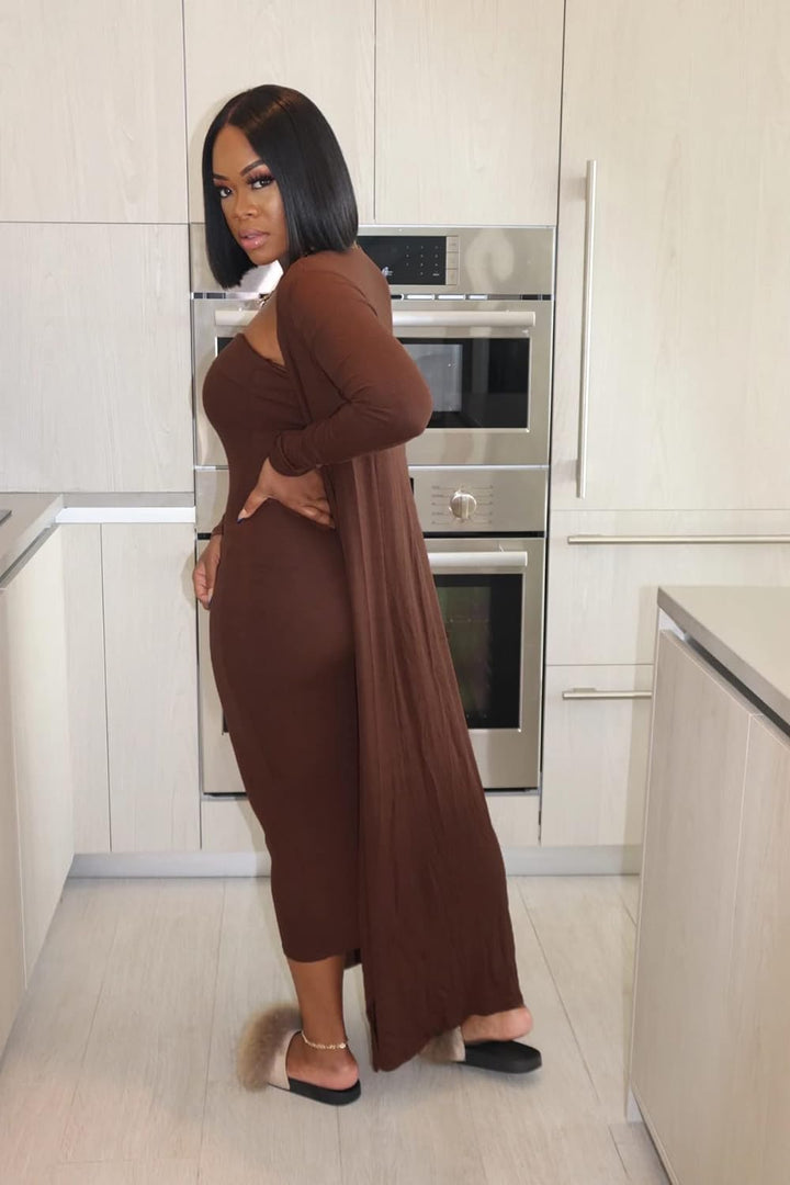 Two Piece for Women Sexy off the Shoulder Bodycon Midi Dresses with Long Cardigan Jackets Coffee