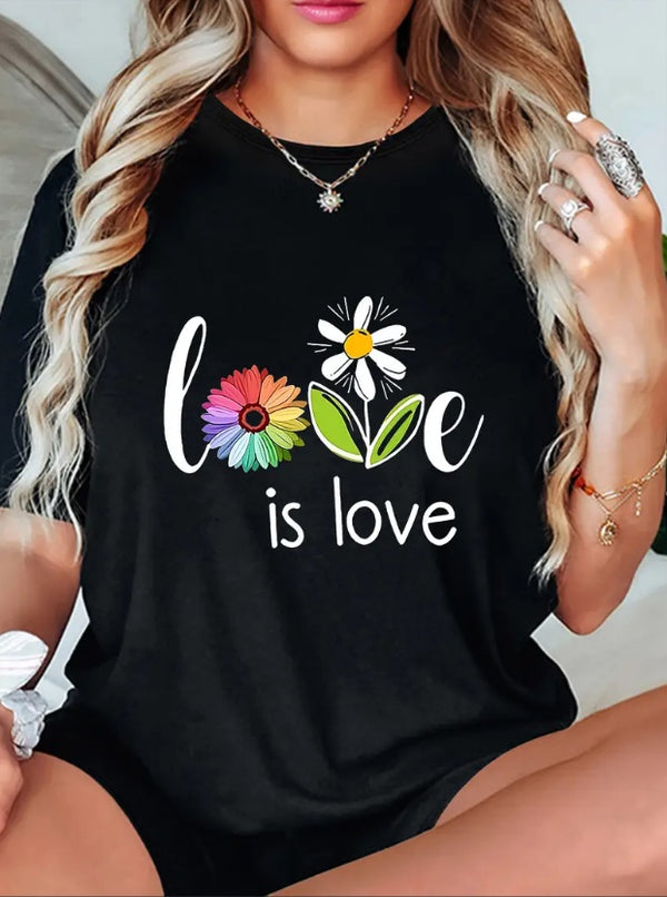 Women's Love Floral Graphic Tee - Casual Round Neck Short Sleeve T-Shirt, Stretchy Polyester Blend, Machine Washable - Perfect For Fitness & Casual Attire