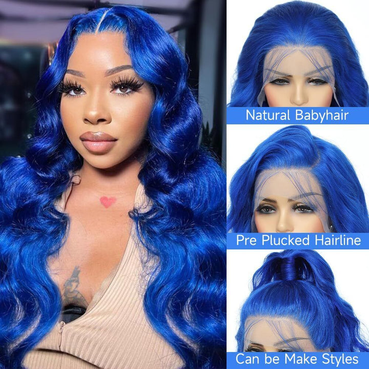 Blue Body Wave Wigs Human Hair 13X4 HD Dark Blue Lace Front Wigs Pre Plucked