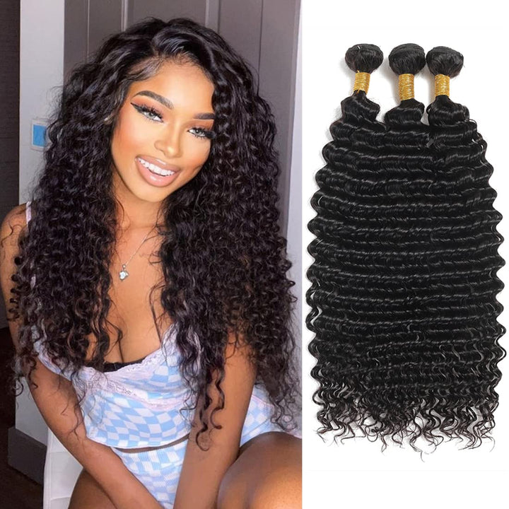 Deep Wave Bundles Human Hair (10 12 14 Inch) Deep Curly 3 Bundles Double Weft Natural Color for Black Women Deep Wave Bundles 100% Unprocessed Brazilian Virgin Remy Hair