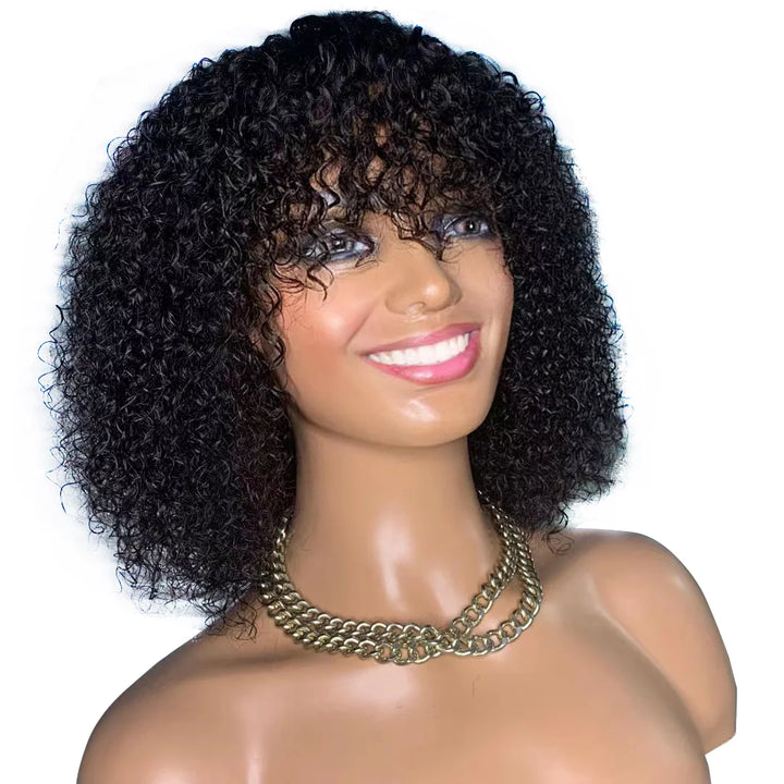 Jerry Curly Bob Cut 100% Human Hair Wigs with Bangs Adjustable Non Lace Wigs for Women