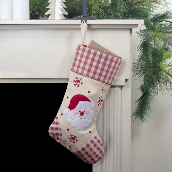 16.5" Red and Ivory Embroidered Santa Claus Christmas Stocking with Gingham Cuff