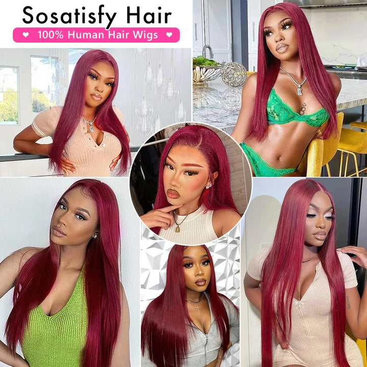 SOSATISFY Straight 99J Burgundy Lace Front Wigs Human Hair 13X4 Glueless HD Transparent Red Wig Human Hair Lace Front 180% Density Colored Wigs for Women Pre Plucked with Baby Hair (22 Inch)