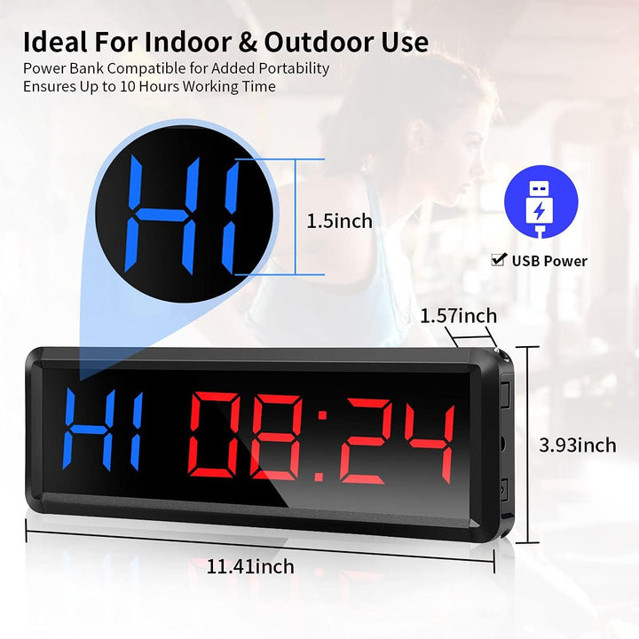 Gym Timer,Led Workout Colck Count Down/Up Clock,11.5" X 4" Ultra-Clear Digital Display, Power Bank Compatible with Workout Metal Stopwatch, Multi-Scenes with Remote