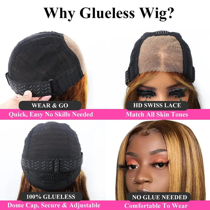 Wear and Go Glueless Wigs Human Hair 4/27 Highlight Straight 4X4 Lace Front Wigs 28 Inch Pre Plucked Colored Wig for Beginners Straight Pre Cut Honey Blonde Wigs Human Hair for Women