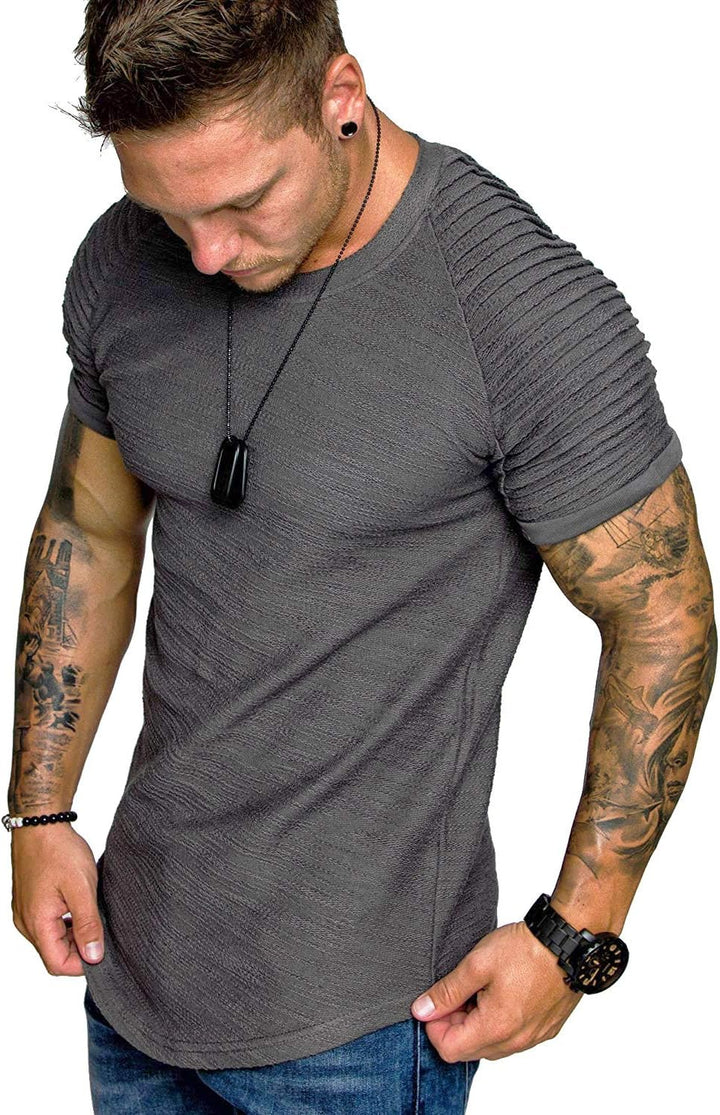 Men'S Muscle T-Shirt Pleated Raglan Sleeve Bodybuilding Gym Tee Short Sleeve Fashion Workout Shirts Hipster Shirt