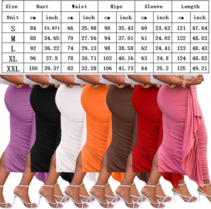 Women'S Long Sleeve Cocktail Dress Sexy Ruffle One Shoulder Sleeveless Split Bodycon Midi Party Dresses