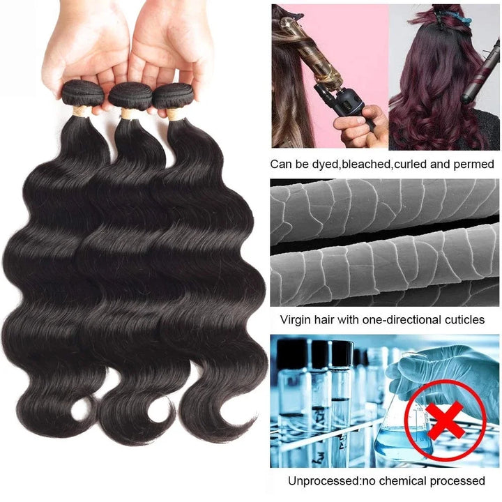 Body Wave 3 Bundles with Closure (18 20 22+16) 100% Unprocessed Brazilian Body Wave Human Hair Bundles with 4X4 Lace Closure Free Part Natural Color