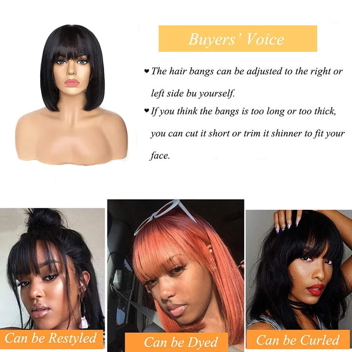 Short Bob Wigs for Black Women Human Hair Wigs with Bangs Straight Wigs 100% Brazilian Virgin Hair Glueless Machine Made Wig Natural Color Short Bob Wigs 12 Inch