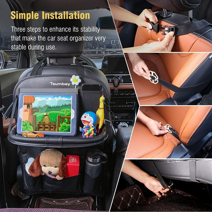 Car Backseat Organizer with Tablet Holder,9 Storage Pockets Foldable Table Tray Seat Back Protectors Kick Mats -PU Leather 1Pck