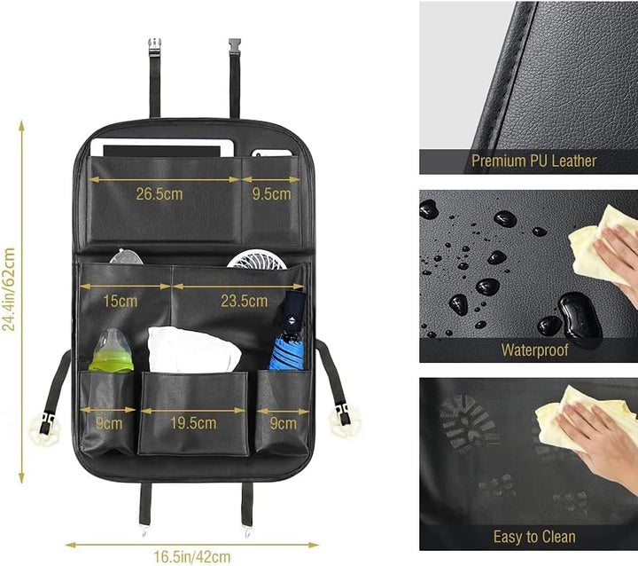 Car Backseat Organizer with Tablet Holder,9 Storage Pockets Foldable Table Tray Seat Back Protectors Kick Mats -PU Leather 1Pck