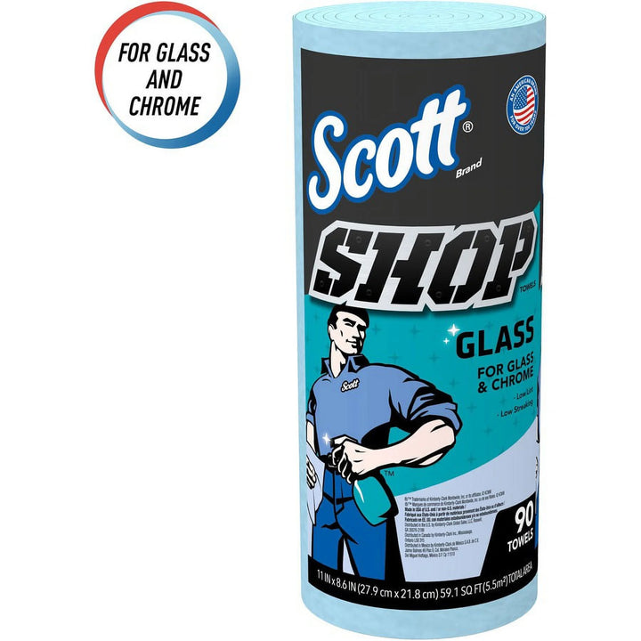 Glass Cleaning Shop Towels - 90 Sheets/Roll - Blue - Low Linting, Absorbent, Perforated - for Glass Cleaning, Windshield, Window, Mirror - 1080 / Carton