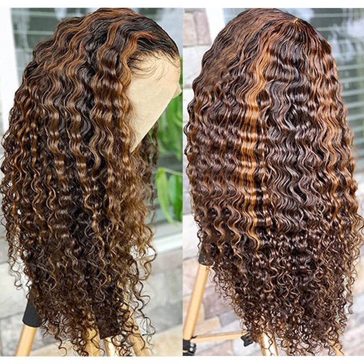 Highlight Water Wave Transparent Lace Front Wigs Human Hair Pre Plucked 20 Inch 180% Density #4/27 Ombre Colored Glueless Curly Wave Honey Blonde Hair Wigs for Women