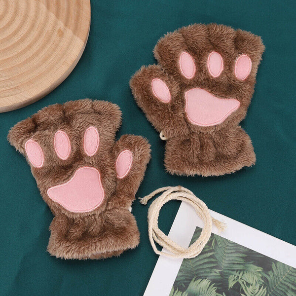 Women Plush Cat Paw Claw Gloves Warm Bear Paw Fingerless Mittens Winter Gloves