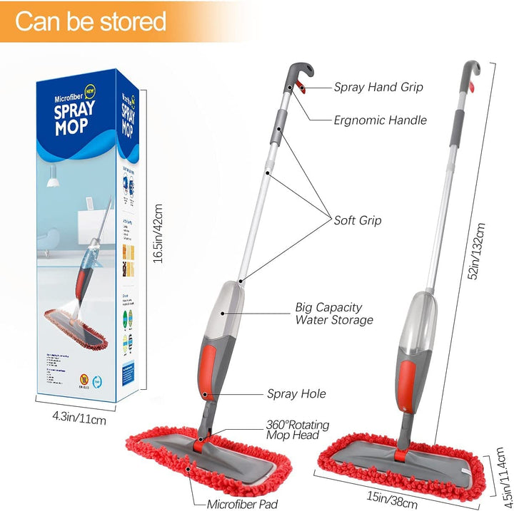 Spray Mop, Floor Mop, 550Ml Wet Jet Mop with 3 Free Reusable Microfiber Pads Multi Mop with Refillable Bottle for Hardwood Floor, Wood, Laminate (Red)