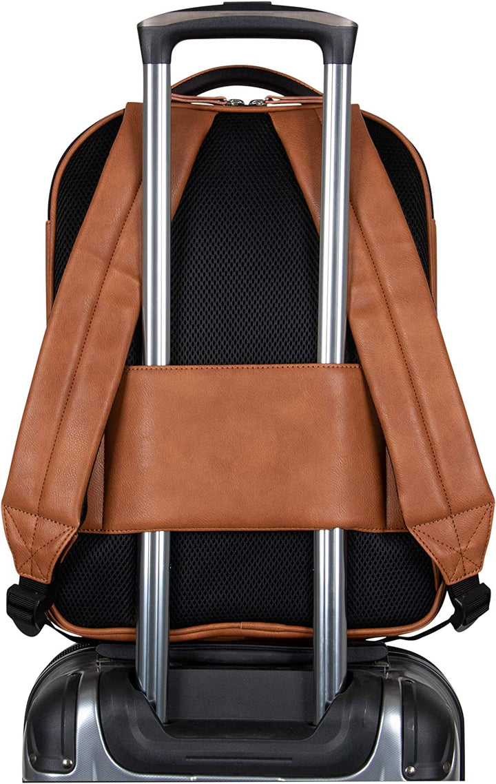 on Track Pack Vegan Leather Tablet Bookbag Anti-Theft RFID, Work, & Travel, Cognac, 15.6" Laptop Backpack