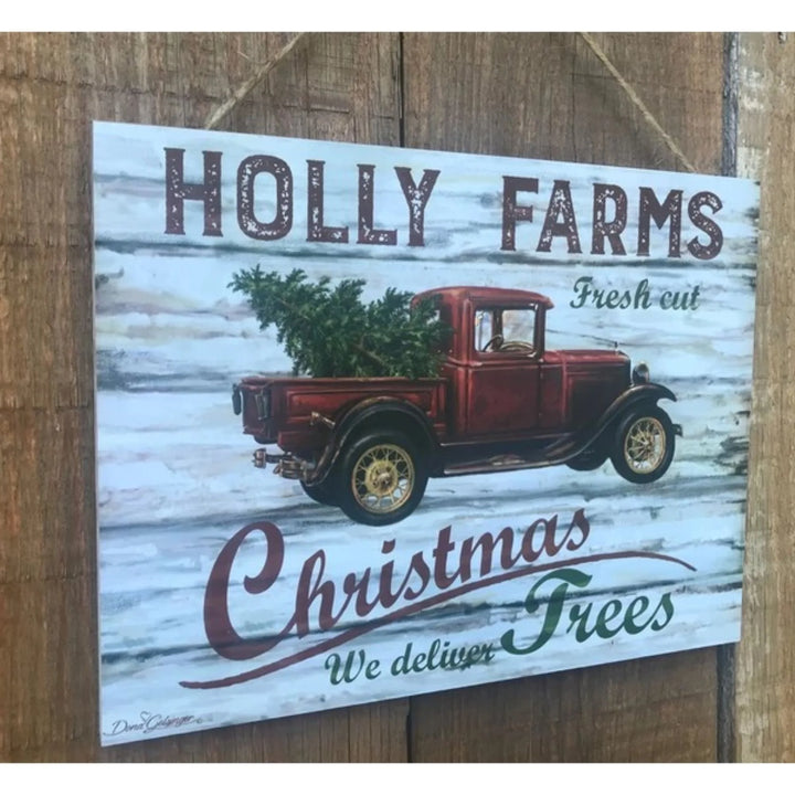 Cream White and Red Holly Farms Rectangular Sign with Rope Hanger 7" X 10"