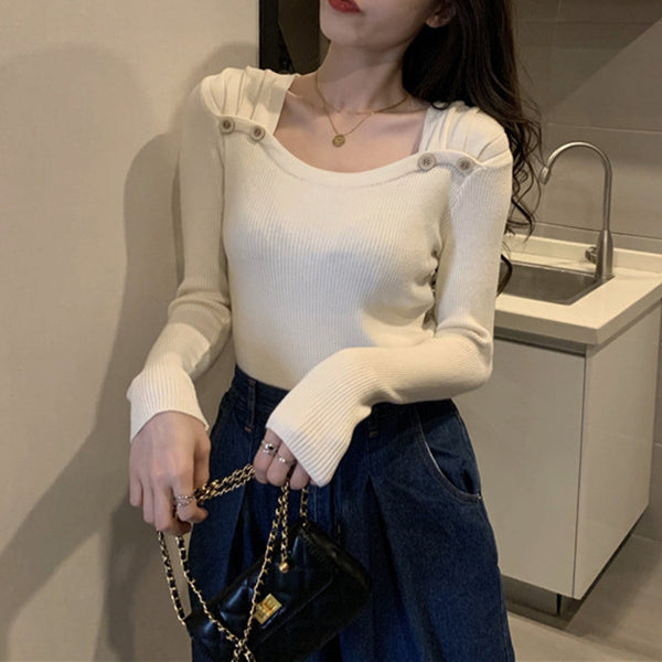 Women's Square Collar Long Sleeve Knitted Bottoming Shirt