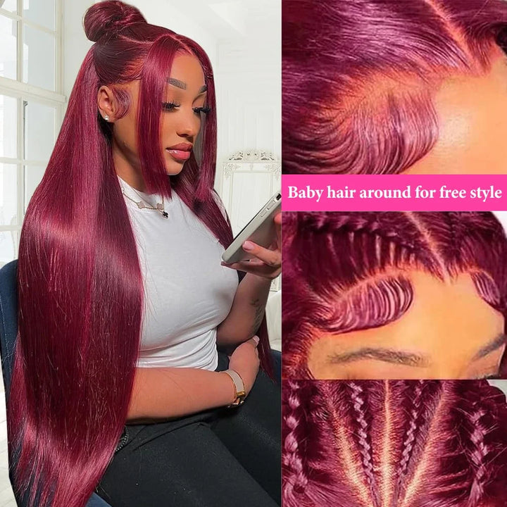 SOSATISFY Straight 99J Burgundy Lace Front Wigs Human Hair 13X4 Glueless HD Transparent Red Wig Human Hair Lace Front 180% Density Colored Wigs for Women Pre Plucked with Baby Hair (22 Inch)