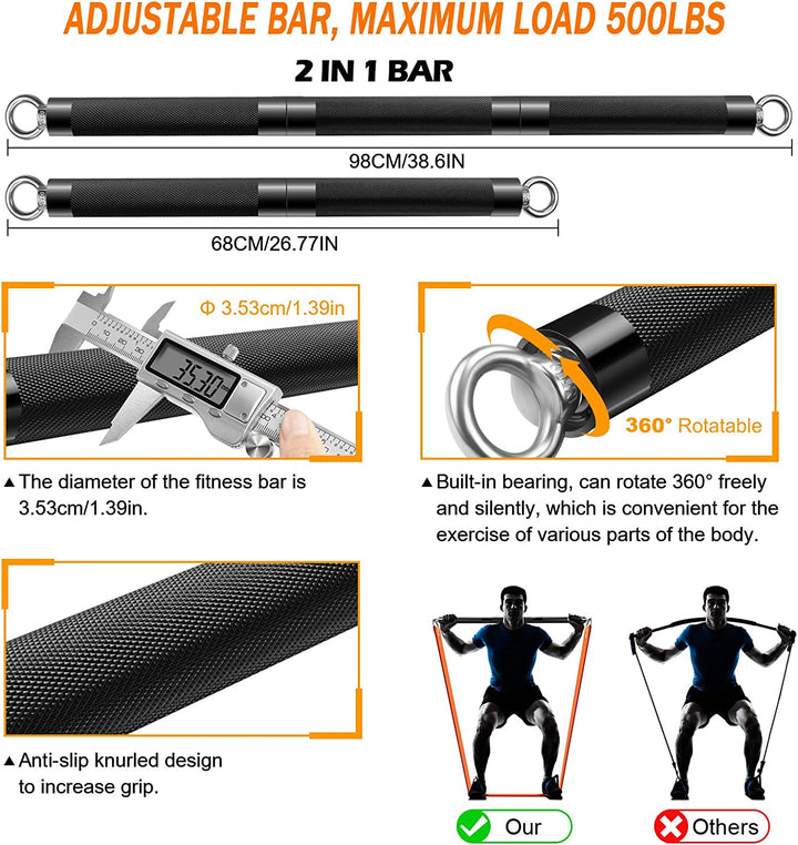 Resistance Band Bar Set Portable Full Body 500LBS Extra Heavy Home Gym with 4 Levels Resistance Bands, 2 in 1 Adjustable Bar and Gym Bag