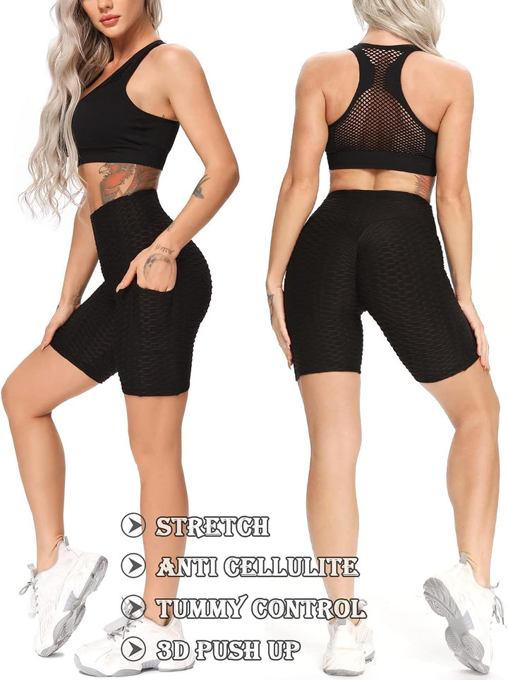 Workout Booty Shorts for Women High Waisted Butt Lifting Biker Shorts with Pockets Textured Scrunch Yoga Shorts Black Medium