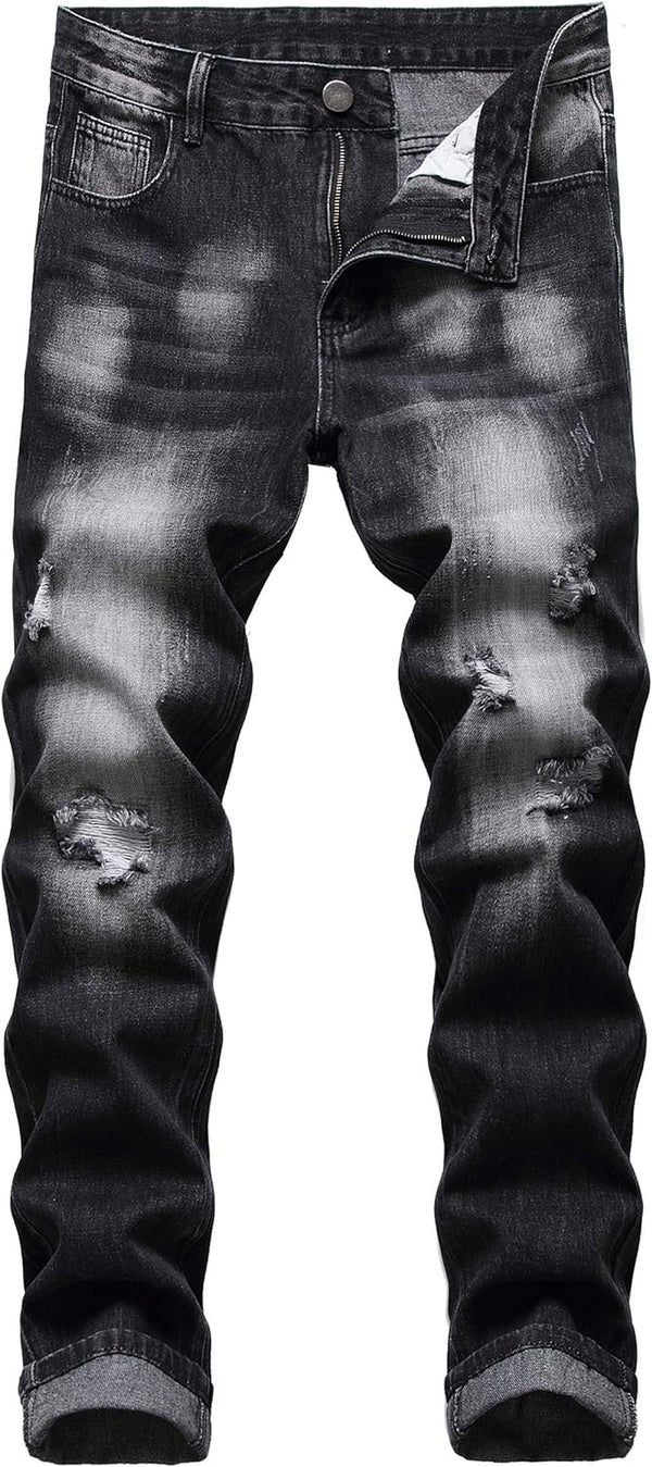 Men'S Ripped Slim Fit Jeans Straight Leg Distressed Patch Denim Pants