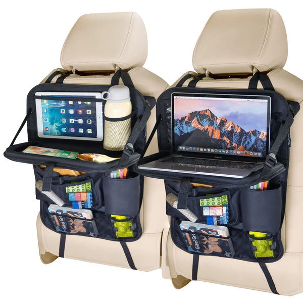 2 Pack Car Back Seat Organizer with Tablet Holder + 9 Storage Pockets, Foldable Table Tray, Car Seat Back Protectors Kick Mats Travel Accessories