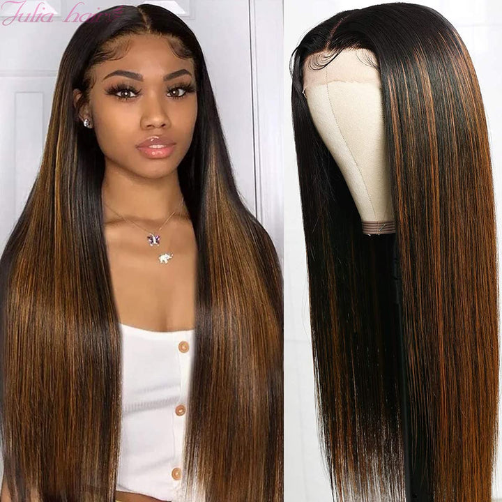 Julia Highlight Straight Balayage Blonde FB30 Ombre Color Human Hair Lace Front T Part Wigs for Women 10A Brazilian Chocolate Brown Blonde 13X5 Lace Frontal Wigs Pre Plucked with Baby Hair 14Inch