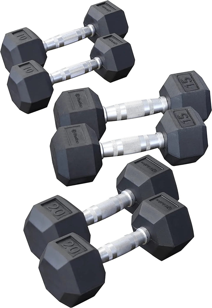 Rubber Coated Hexagon Dumbbells - Pairs - Encased Hand Weights for Men and Women