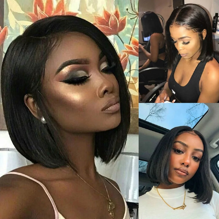 Black Wigs for Women Lace Front Wigs Human Hair Pre Plucked 8Inch Short Straight Bob Wig