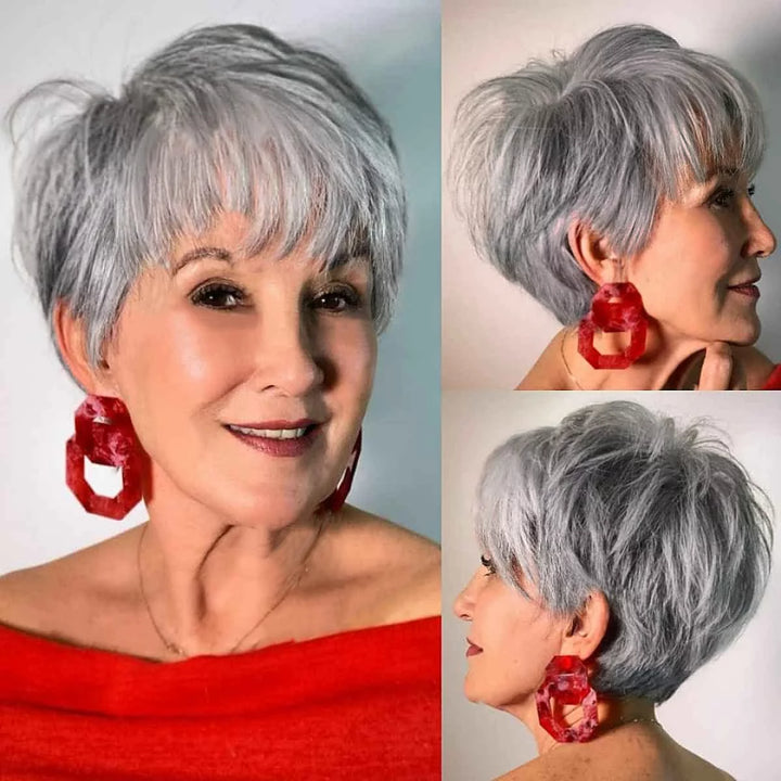 Grey Short Wigs for Black Women Layered Short Pixie Cut Wigs with Bangs Synthetic Grey Wigs Wefted Wig Cap