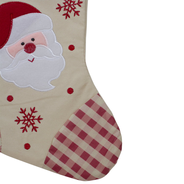 16.5" Red and Ivory Embroidered Santa Claus Christmas Stocking with Gingham Cuff