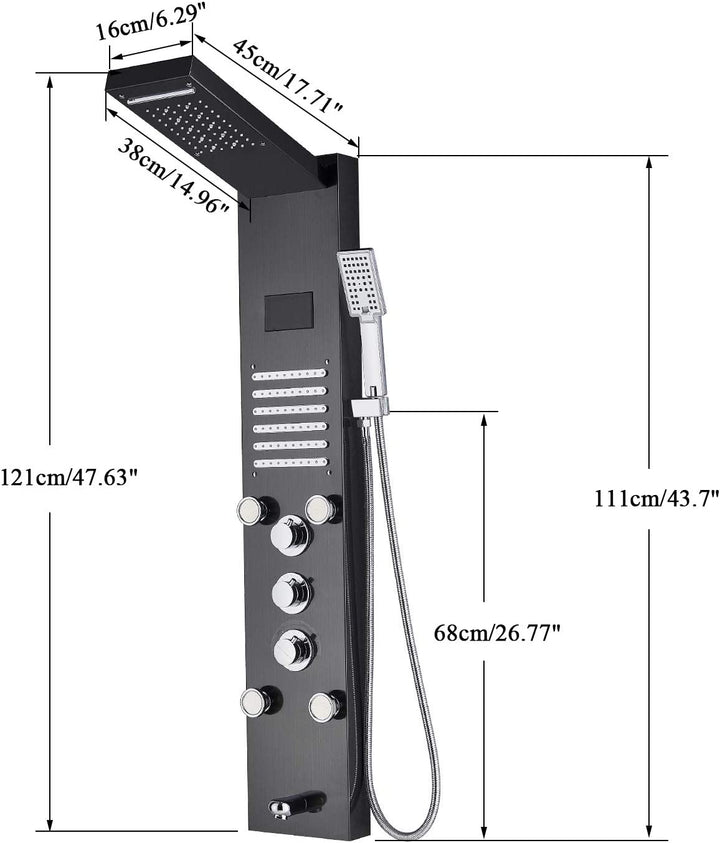 LED Light Shower Panel Tower System Stainless Steel LED Rainfall Waterfall Shower Head Hydroelectricity Display Massage Spray with Hand Shower Black Shower Tower Wall Mount Shower Panels