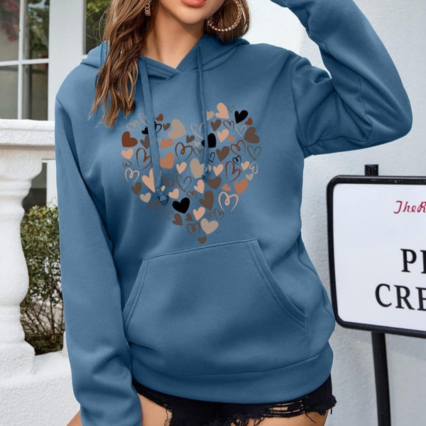 Women's Pattern Hoodie Heart Shape Printed Drawstring Pullover Top