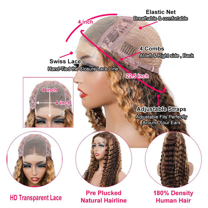 Highlight Water Wave Transparent Lace Front Wigs Human Hair Pre Plucked 20 Inch 180% Density #4/27 Ombre Colored Glueless Curly Wave Honey Blonde Hair Wigs for Women