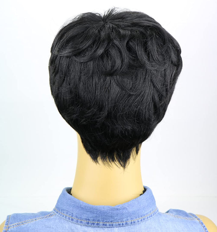 Short Human Hair Pixie Wigs Pixie Cut Short Black Wavy Wigs Layered Short Human Hair Wigs for Black Women African American Women Wigs (Black)