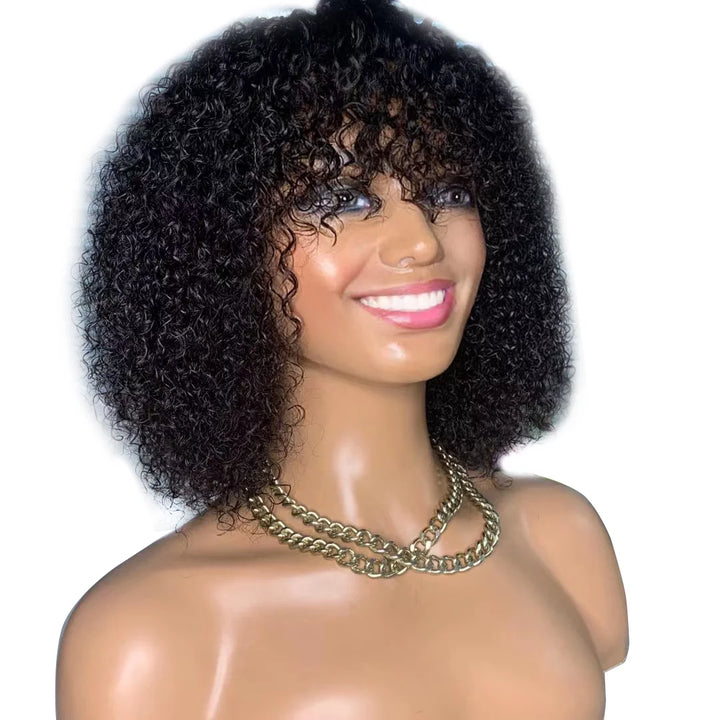 Jerry Curly Bob Cut 100% Human Hair Wigs with Bangs Adjustable Non Lace Wigs for Women