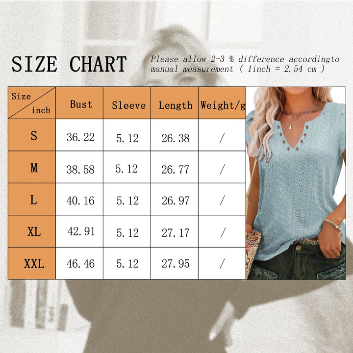 Women T-Shirts Summer Short Sleeve Tops Casual Ruffle Sleeve Tunic Tops Trendy V Neck Tops Loose Ladies Shirts Blouses Blue M