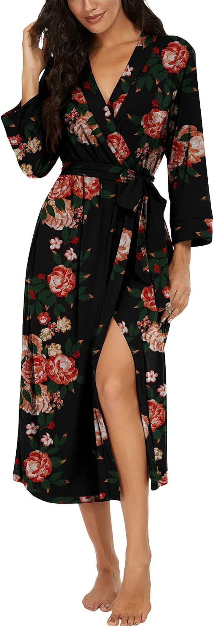 Women Kimono Robes Long Knit Bathrobe Lightweight Soft Knit Sleepwear V-Neck Casual Ladies Loungewear Dark Brown Flower-Large