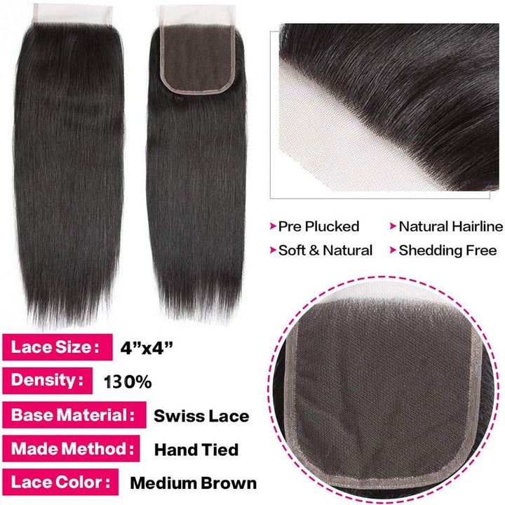 Straight Human Hair Bundles with Closure (20 22 24+18Inch) Brazilian Straight Hair 3 Bundles with Lace Closure 4X4 Free Part 100% Human Hair Bundles Natural Color