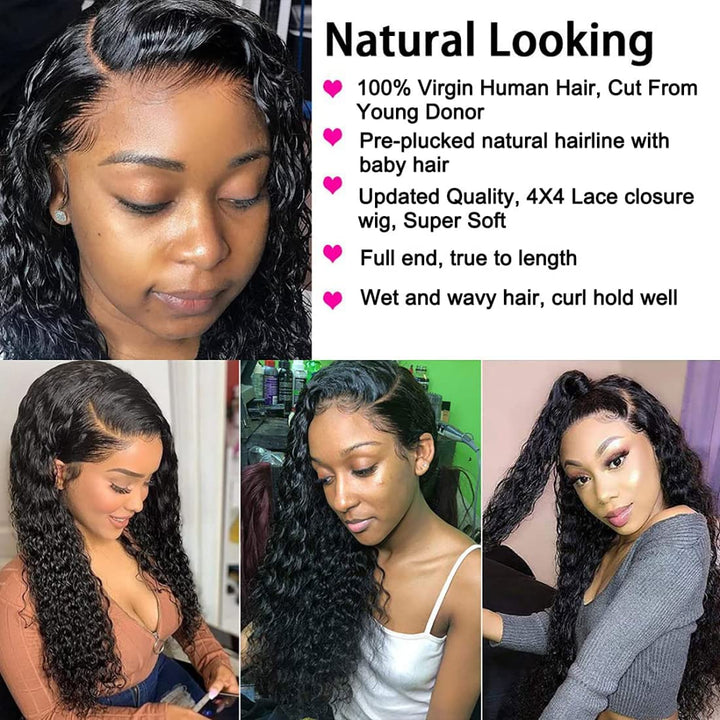 Lace Front Wigs Human Hair Water Wave 4X4 Wigs for Black Women Wet and Wavy Human Hair Lace Front Wigs Pre Plucked with Baby Hair 150% Density Brazilian Virgin Human Hair Wig 20 Inch