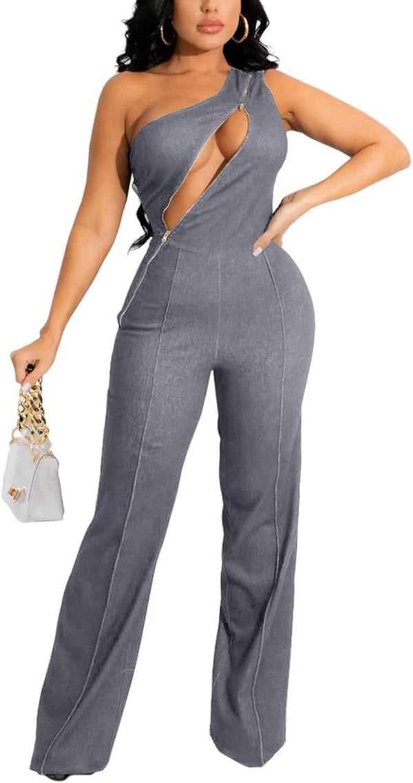 Women'S Summer Sexy Sleeveless One Piece Outfit Hollow Out Zipper One Shouler Jumpsuit Romper Grey XL