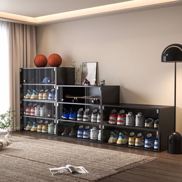 Black Glass Door Shoe Box And Shoe Cabinet, Used For Sports Shoes, With RGB LED Lights