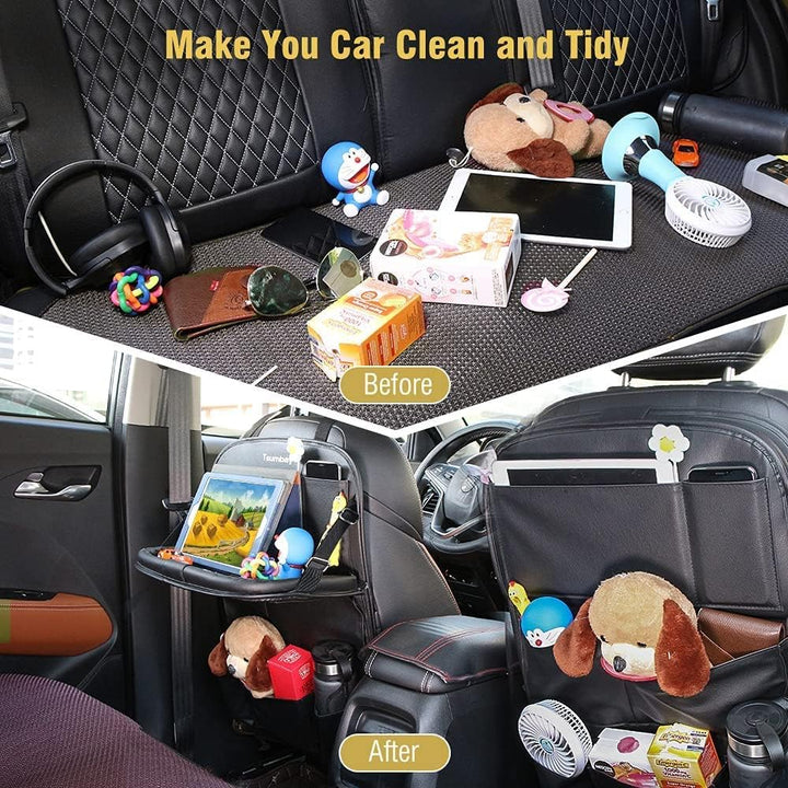 Car Backseat Organizer with Tablet Holder,9 Storage Pockets Foldable Table Tray Seat Back Protectors Kick Mats -PU Leather 1Pck