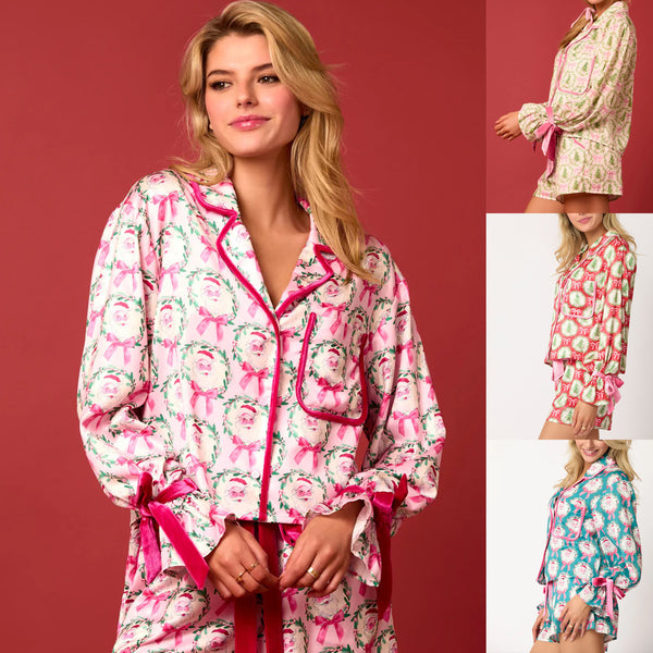 2 Pcs Women's Christmas Pajama Set Santa Tree Print Lapel Neck Button-up Long Sleeve Tops Shorts Loungewear Outfit