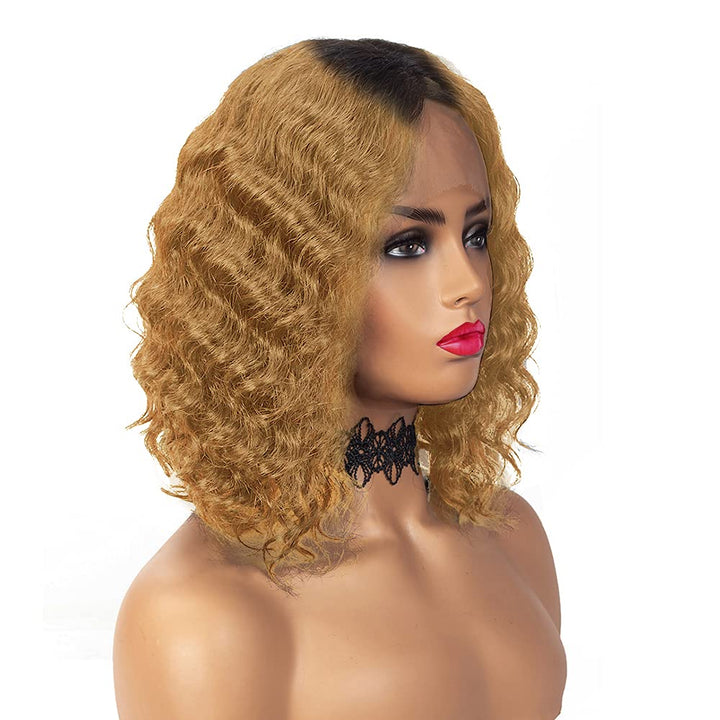 Short Curly Human Hair Wigs for Black Women Ombre Blonde Lace Front Wig Human Hair with Middle Part Natural Short Curly Deep Wave Lace Bob Wigs for Daily Party Use 12 Inch