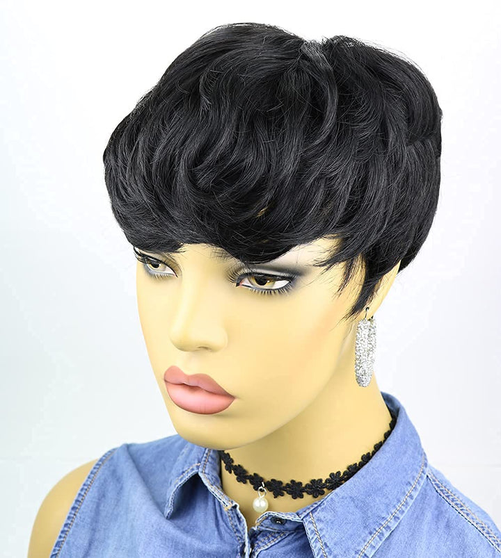 Short Human Hair Pixie Wigs Pixie Cut Short Black Wavy Wigs Layered Short Human Hair Wigs for Black Women African American Women Wigs (Black)