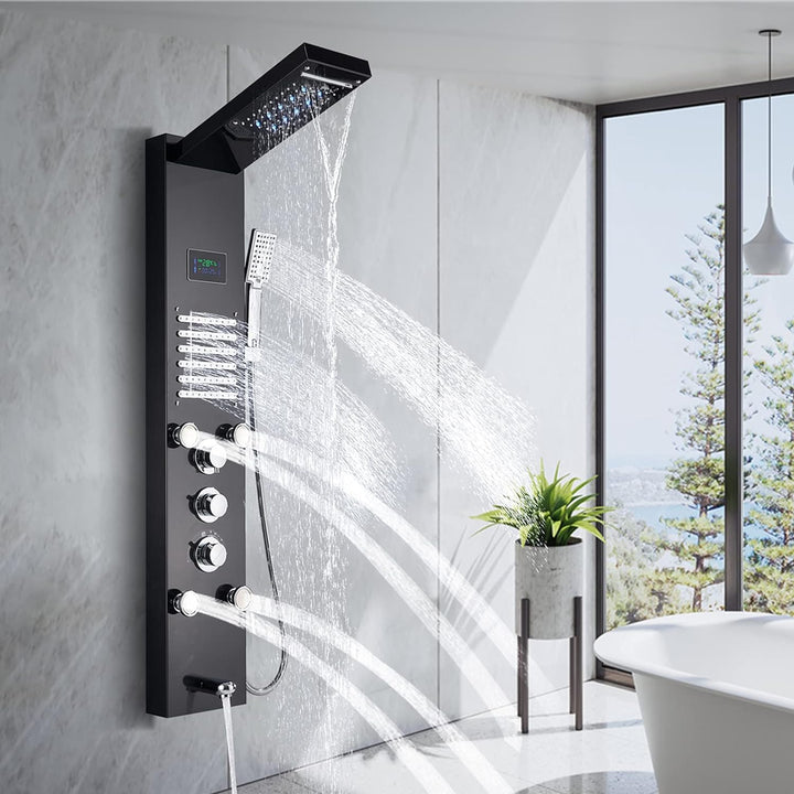 LED Light Shower Panel Tower System Stainless Steel LED Rainfall Waterfall Shower Head Hydroelectricity Display Massage Spray with Hand Shower Black Shower Tower Wall Mount Shower Panels